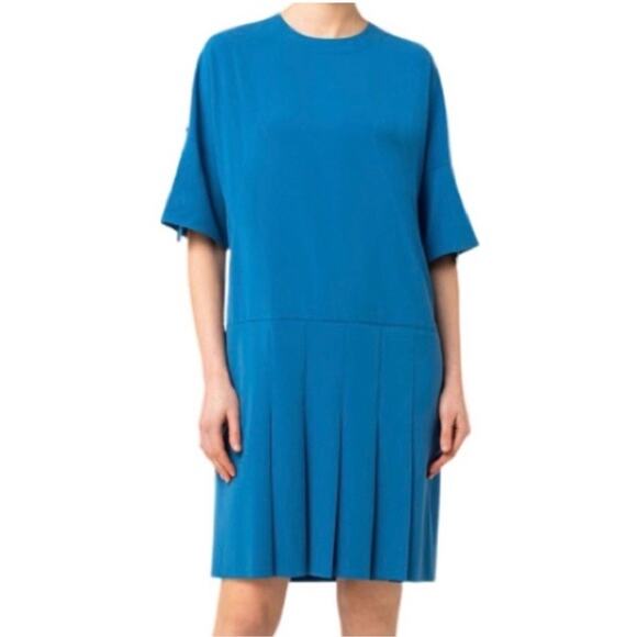 Akris Punto Drop Waist Pleated Front Mini Dress Blue Short Sleeves Zip Size 12 - Picture 1 of 12